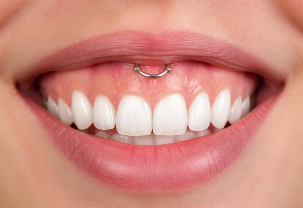 Sorriso con smiley piercing sul frenulo del labbro superiore